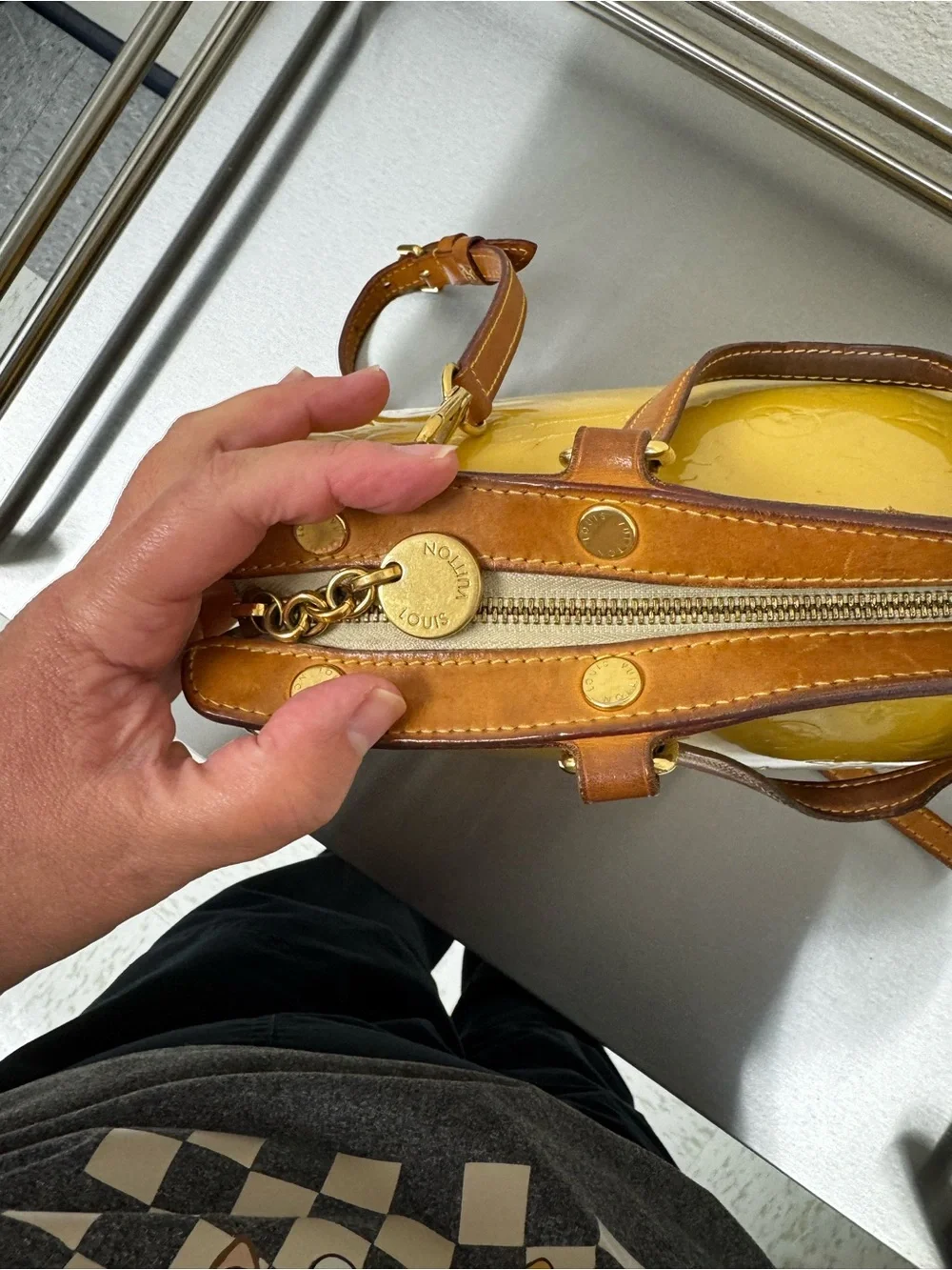 Louis Vuitton Yellow Patent Vernis Monogram Shoulder Bag with Tan Trim and COA